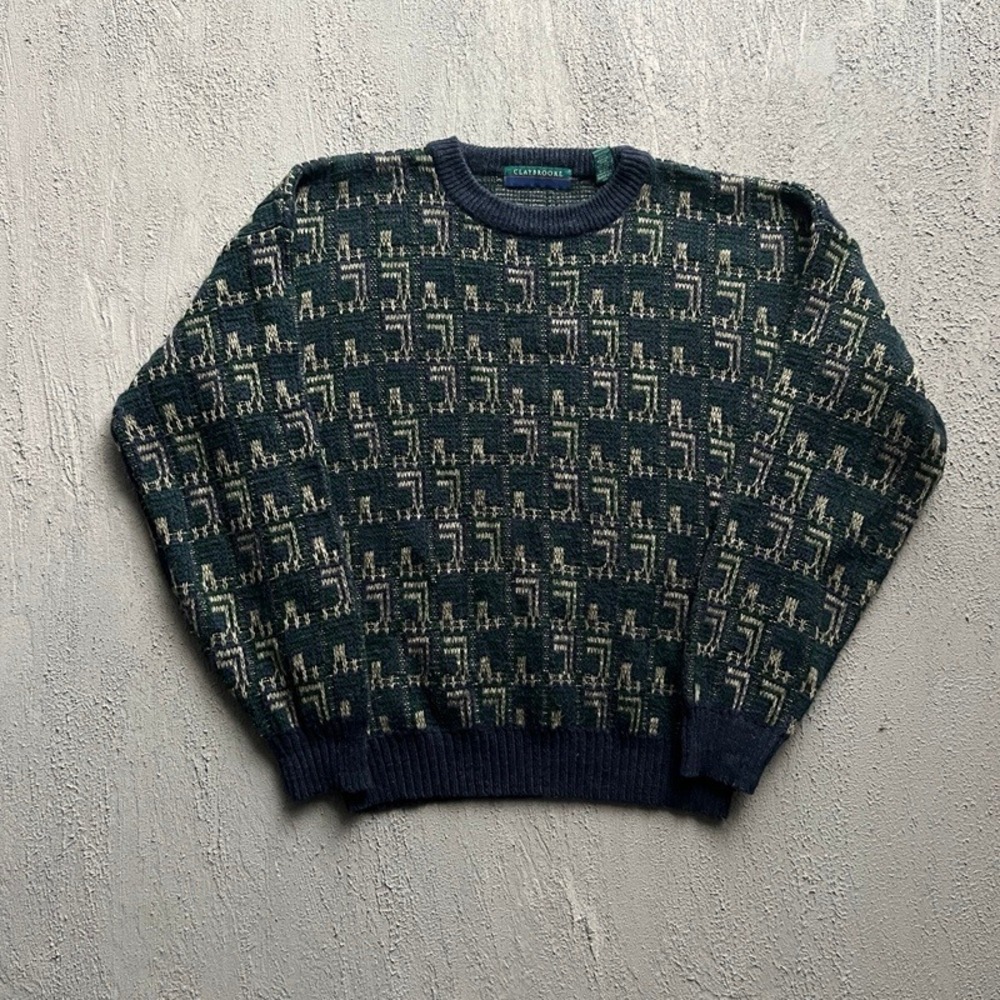 Vintage Claybrooke Sweater Large Blue 1990s Geometric Knit Crewneck Pullover